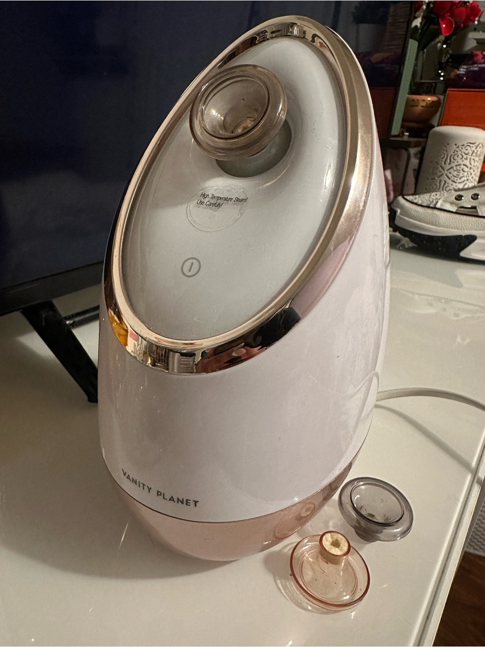 Vanity Planet Facial Steamer in White with Rose Gold Accents